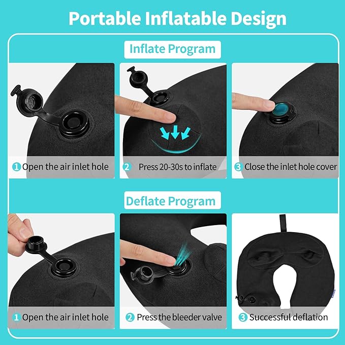 Inflatable Travel Neck Pillow for Airplane, 360° Head Support Velvet Adult Neck Pillow for Long Flight, Removable Washable Cover, Kit with Eye Masks, Earplugs & Storage Bag, Black