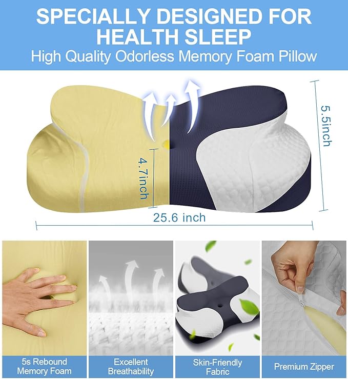 Bed Sleep Contour Memory Foam Pillow, Cervical Pillow for Neck and Shoulder, Ergonomic Neck Support Pillow for Side Back Stomach Sleepers with Pillowcase