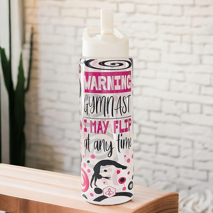 32oz Cheerleader Water Bottle with Straw Lid | BPA-Free Reusable Bottles for Cheerleaders, Cheer Team or Cheerleading Coach | Great Gifts for Girls, Coaches (Warning Gymnast)