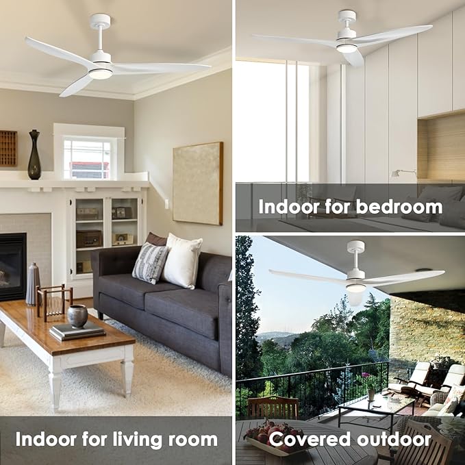 WINGBO 60 Inch DC Ceiling Fan with Lights and Remote Control, 3 Reversible Carved Wood Blades, 6-Speed Noiseless DC Motor, Modern Ceiling Fan in White Finish