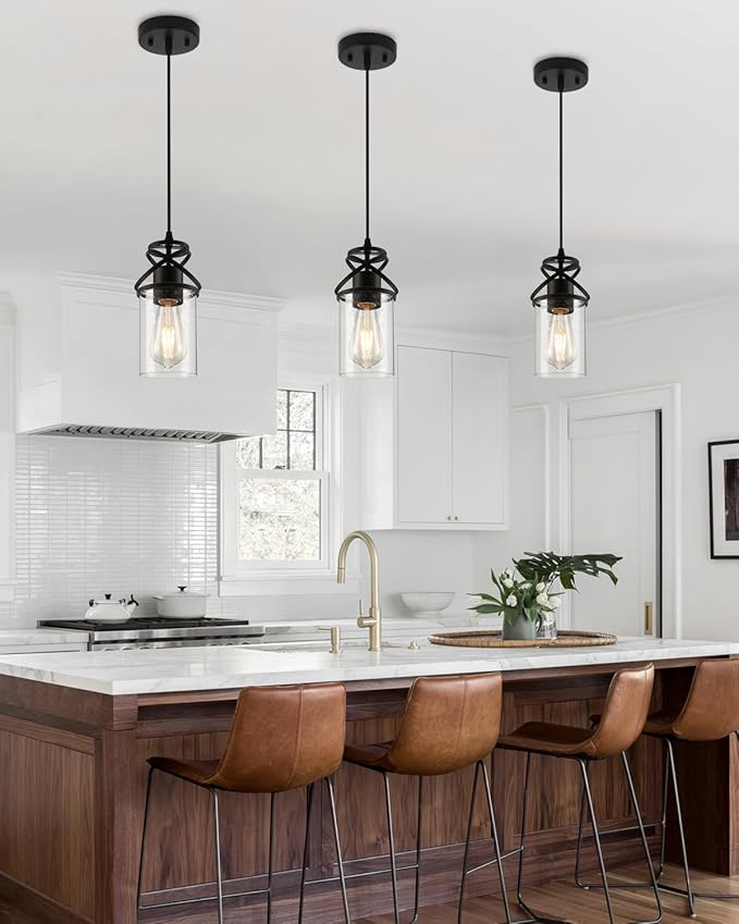 Industrial Pendant Light with Seeded Glass Shade, Black Farmhouse Hanging Light for Kitchen Island, Modern Ceiling Light Fixture for Dining Room Bedroom