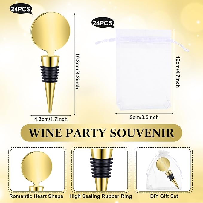 24 Sets Wine Stopper for Wine Bottles Wedding Wine Stopper Champagne Bottle Stoppers Beverage Bottle Stoppers with White Sheer Organza Bags Wedding Party Favor for Guests (Gold)