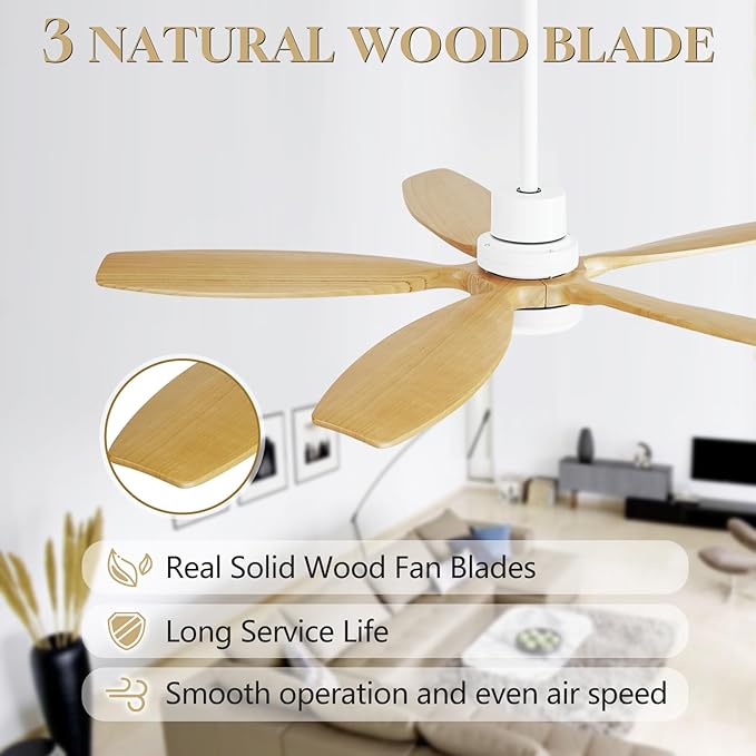 52" Ceiling Fan with Light and Remote,Reversible DC Motor,6Speed,Modern Natural Wood Ceiling Fan with Dimmable LED for Outdoor Patios Bedroom Living Room,Original Walnut and White