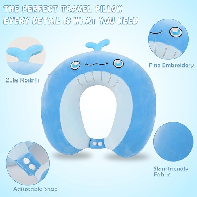 Travel Pillow, Kids Travel Pillow with Sleep Eye Mask Soft Memory Foam Kids Neck Pillow for Boys & Girls, Travel Accessories for Car Airplane Traveling - Whale