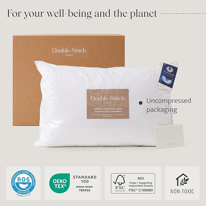 Double Stitch Luxury US White Down Pillow - Made in Canada, 400 Thread Count 100% Cotton Shell, Soft 700 Fill Power Down Bed Pillow, Soft Sleeping Pillow 3-Chamber, Standard(20" x 26") ﻿