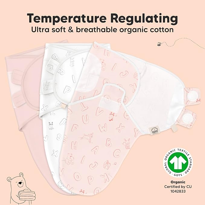 3-Pack Organic Baby Swaddle Sleep Sacks - Newborn Swaddle Sack, Ergonomic Baby Swaddles 0-3 Months, Swaddles for Newborns, Baby Sleep Sack,Baby Swaddle Blanket Wrap,Baby Essentials (ABC Land Rose)