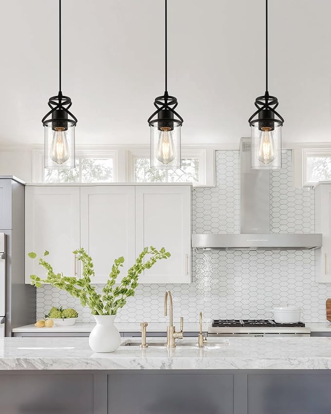 Industrial Pendant Light with Seeded Glass Shade, Black Farmhouse Hanging Light for Kitchen Island, Modern Ceiling Light Fixture for Dining Room Bedroom