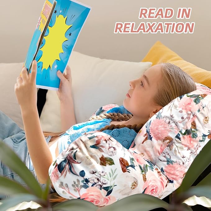 DILIMI Kid Reading Pillow, Back Support Pillow for Sitting in Bed, Soft Plush Bed Chair Sofa Pillow with Arms, Comfortable Rest Pillow for Kids & Teens, Pink Floral