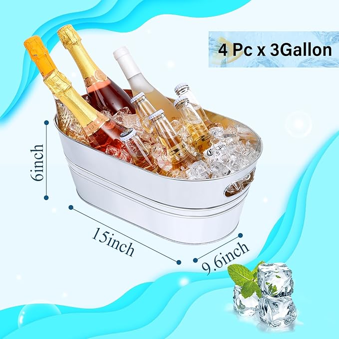 4 Pcs Galvanized Tub 3 Gallon Ice Buckets for Parties Beverage Metal Champagne Drink Wine Large Bucket for Cocktail Mimosa Bar Supplies (Silver)