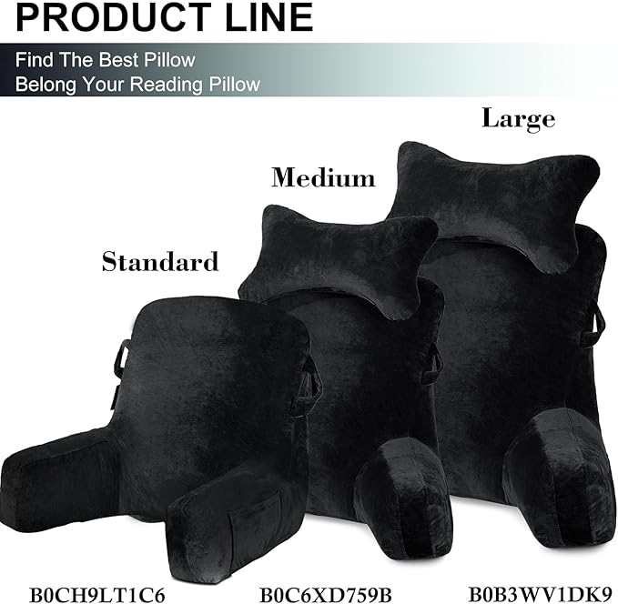 SLIGUY Reading Pillow Standard Bed Pillow for Sitting in Bed Couch or Floor-Backrest with Arms Support and Pockets, Adult Back Pillow Bed Chair for Bed Rest, Reading, Watching TV, Gaming, Black