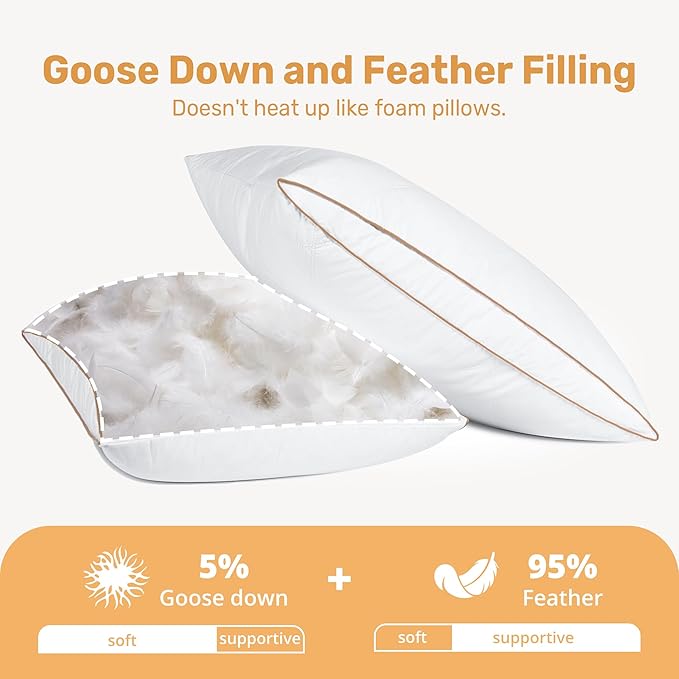 UNIKOME Natural Goose Feathers and Down Pillow - Standard Size Set of 2, Medium Firm Pillow with 100% Cotton Cover,Gussted & Quilting Design Hotel Collection Bed Pillows for Back,Stomach,Side Sleeping