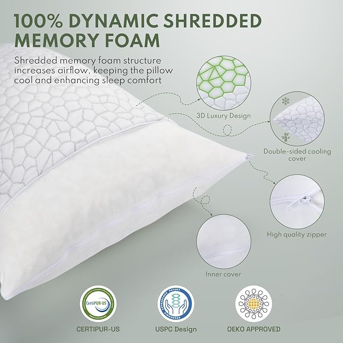 Cooling Pillows King Size Set of 2 - Shredded Memory Foam Pillow for Sleeping 2 Pack, Adjustable Cool Bed Pillows for Side, Back, and Stomach Sleepers, Gel Pillow Washable Removable Cover