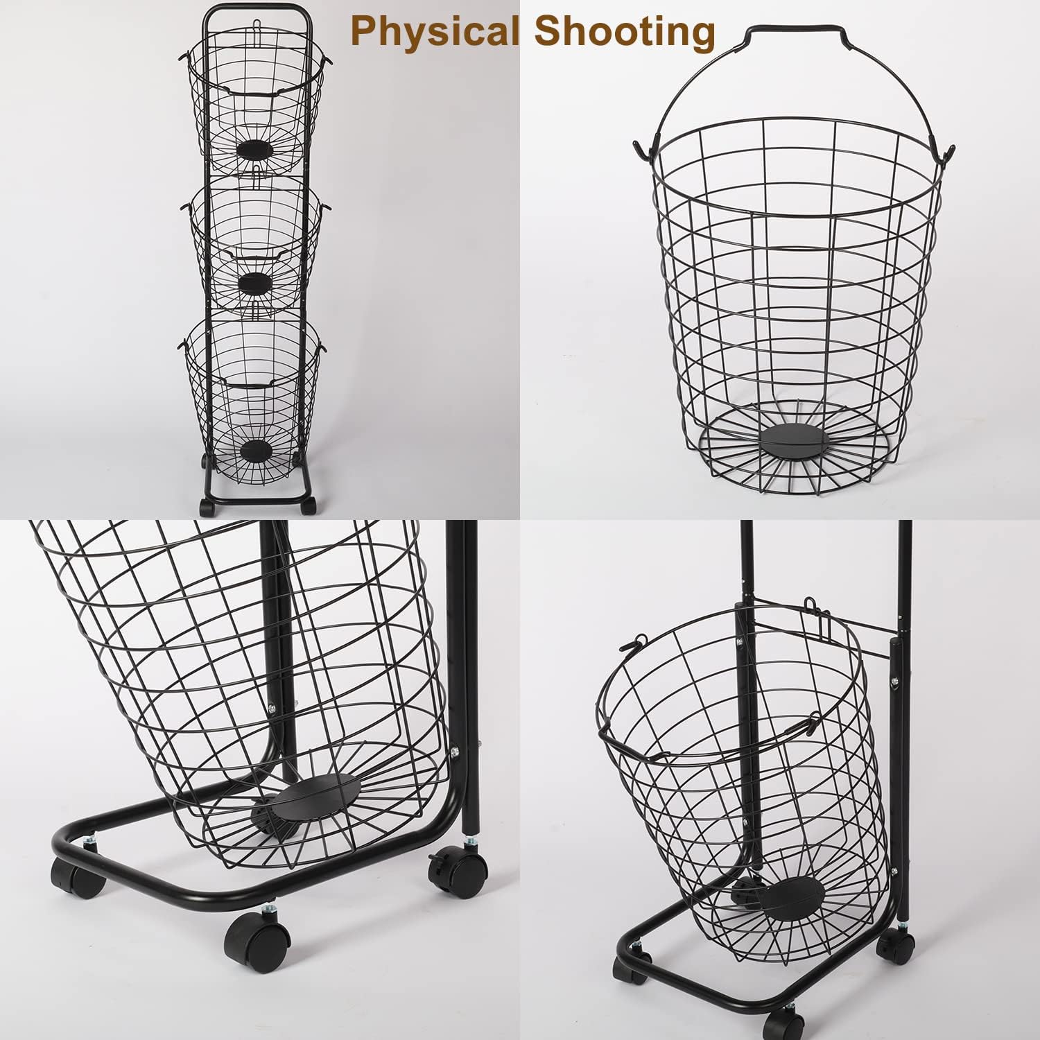 3 Tier Laundry Basket with Rolling Lockable Wheels Wire Metal Sorter Storage Trolley Shelf Basket Durable Metal Sorter Clothes Storage Trolley Shelf with Removable Hamper for Organizing Clothes