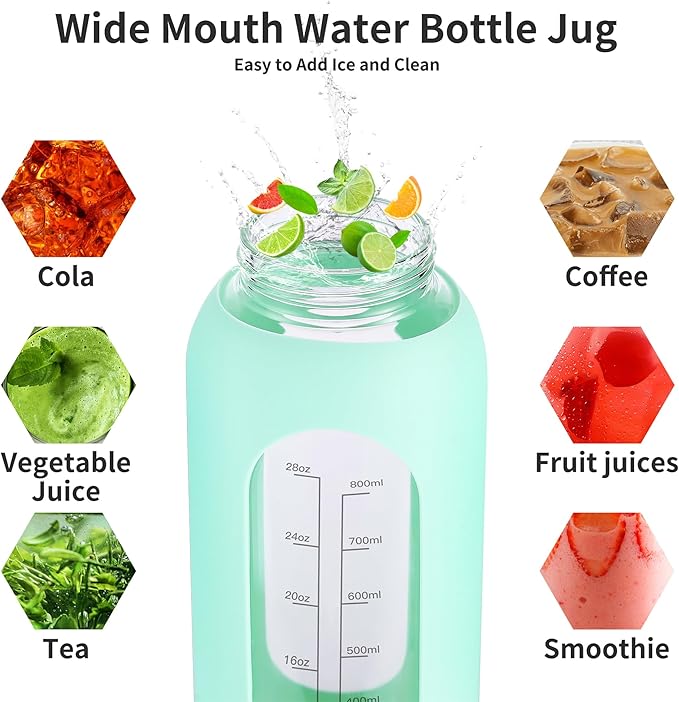 32 oz Glass Water Bottle with Straw and Handle, Sports Motivational Water Flask with Silicone Sleeve, Large Leakproof Water Flask Cup with Time Marker for Travel, Gym, Cream