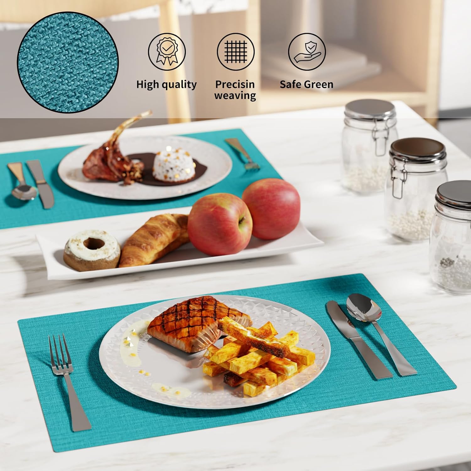 Cloth Placemats, Set of 4 Heat-Resistant Cotton Linen Blend Double Layered Machine Washable Place Mats, Wrinkle Free Thick Fabric Dining Table Mats for Indoors & Outdoors (Teal, 4)