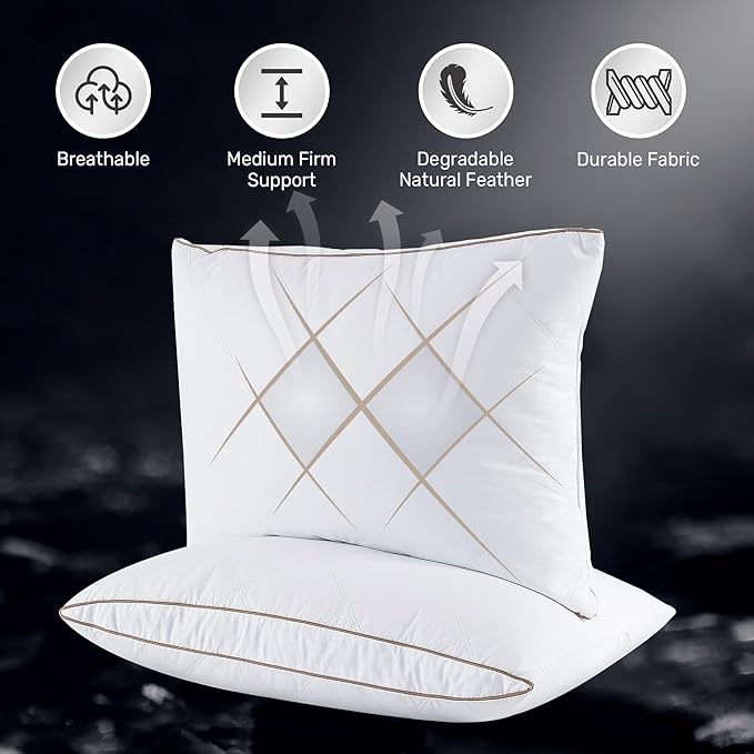 UNIKOME Goose Feather and Down Pillows,Oval Gusseted Feather Down Pillow for Sleeping, 100% Cotton Pillow Cover, Queen Size, Set of 2