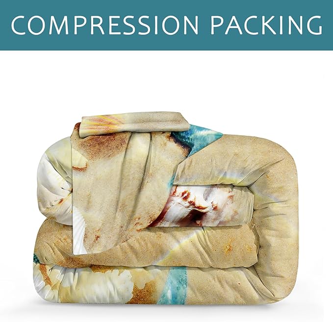 Bedbay King Comforter Set Beach Comforter Set King Size Ocean Comforter 4 Pieces Microfiber Soft Fluffy Comforter Blue Ocean Sea Shell Decor Turquoise Teal Comforter Set (Coastal, King)