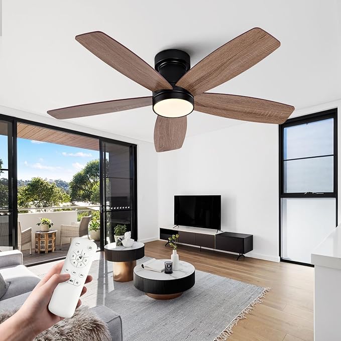 42 inch Ceiling Fans with Lights and Remote,Flush Mount Black Ceiling Fan,Memory Fuction Reversible Quiet DC Motor Low Profile Ceiling Fans For Living Room Bedroom Indoor Outdoor(Black&Walnut)