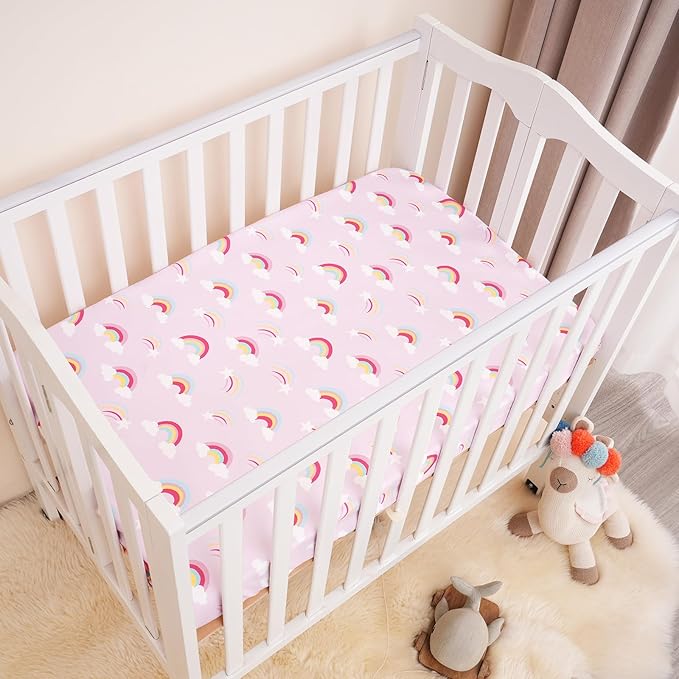 3 Pack Mini Crib Sheets, Premium Pack N Play Sheets for Boys Girls Neutral, Soft Breathable Baby Sheets Fit Pack N Play, Playard and Mini Crib Mattresses, Rainbow