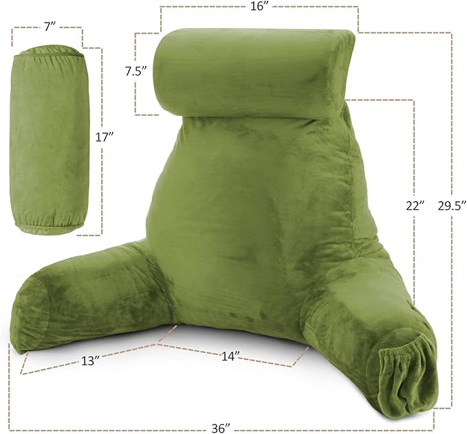 Nestl Reading Pillow Large Bed Pillow, Back Pillow for Sitting in Bed Shredded Memory Foam Chair Pillow, Reading & Bed Rest Pillows Calla Green Back Pillow for Bed, Bed Chair Arm Pillow with Pockets