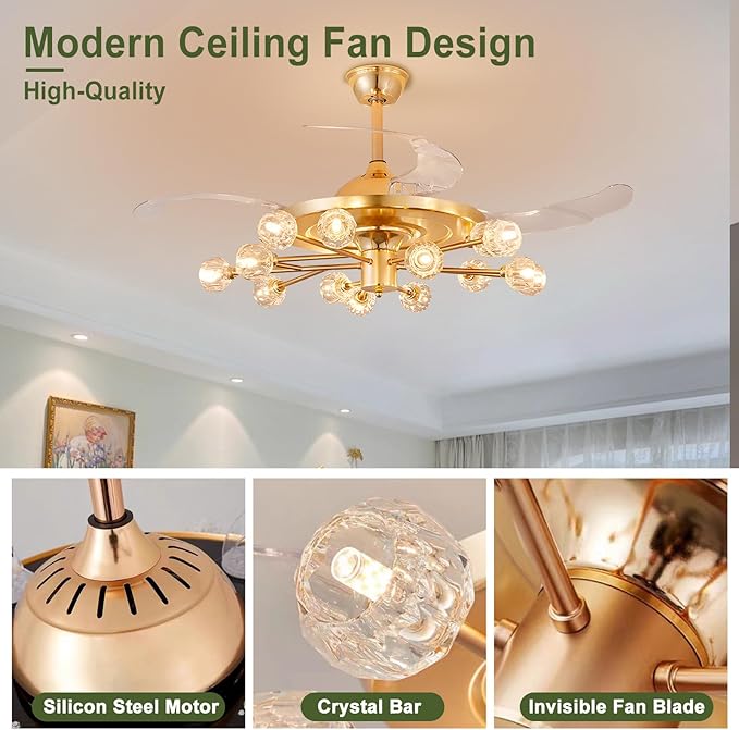 Sputnik Crystal Ceiling Fan Chandelier: 42" Gold Fandelier Ceiling Fans with 15 Lights and Remote Modern - Retractable Fandelier Ceiling Light for Living Dining Room Kitchen Bedroom