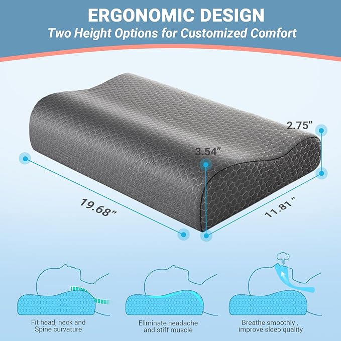 Neck Pillow Bed Pillow for Sleeping Memory Foam Pillows for Side Back Stomach Sleeper,Dark Grey