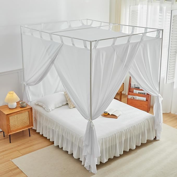 AIKASY White Canopy Bed Curtains with Top Ties and Tie Backs for Bedroom Decoration - King Size Bed Curtains with Windproof and Lightproof Features