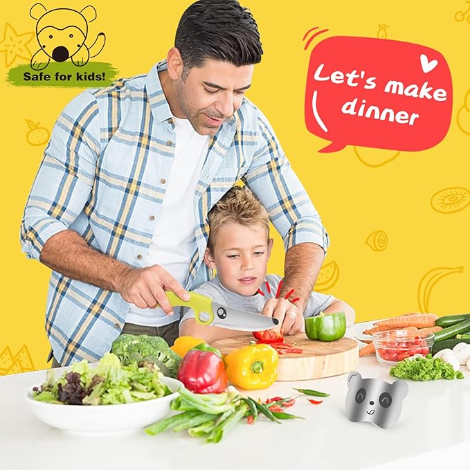 Kids Knife Set for Real Cooking 3 Pieces Set with Educational Ring, Rounded Tip, Toddler Safe Montessori Knife for Cutting Training