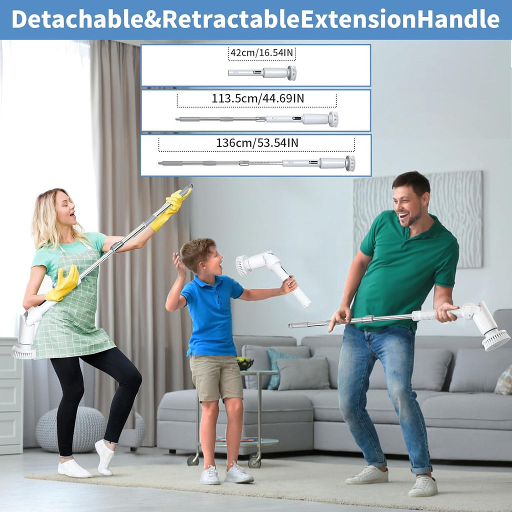 Electric Spin Scrubber - Cordless Cleaning Brush with Digital Display, 2 Speeds, 8 Brush Heads, IPX7 Waterproof, Adjustable Long Handle for Bathroom, Tub, Tile, Shower, and Car（Grey）