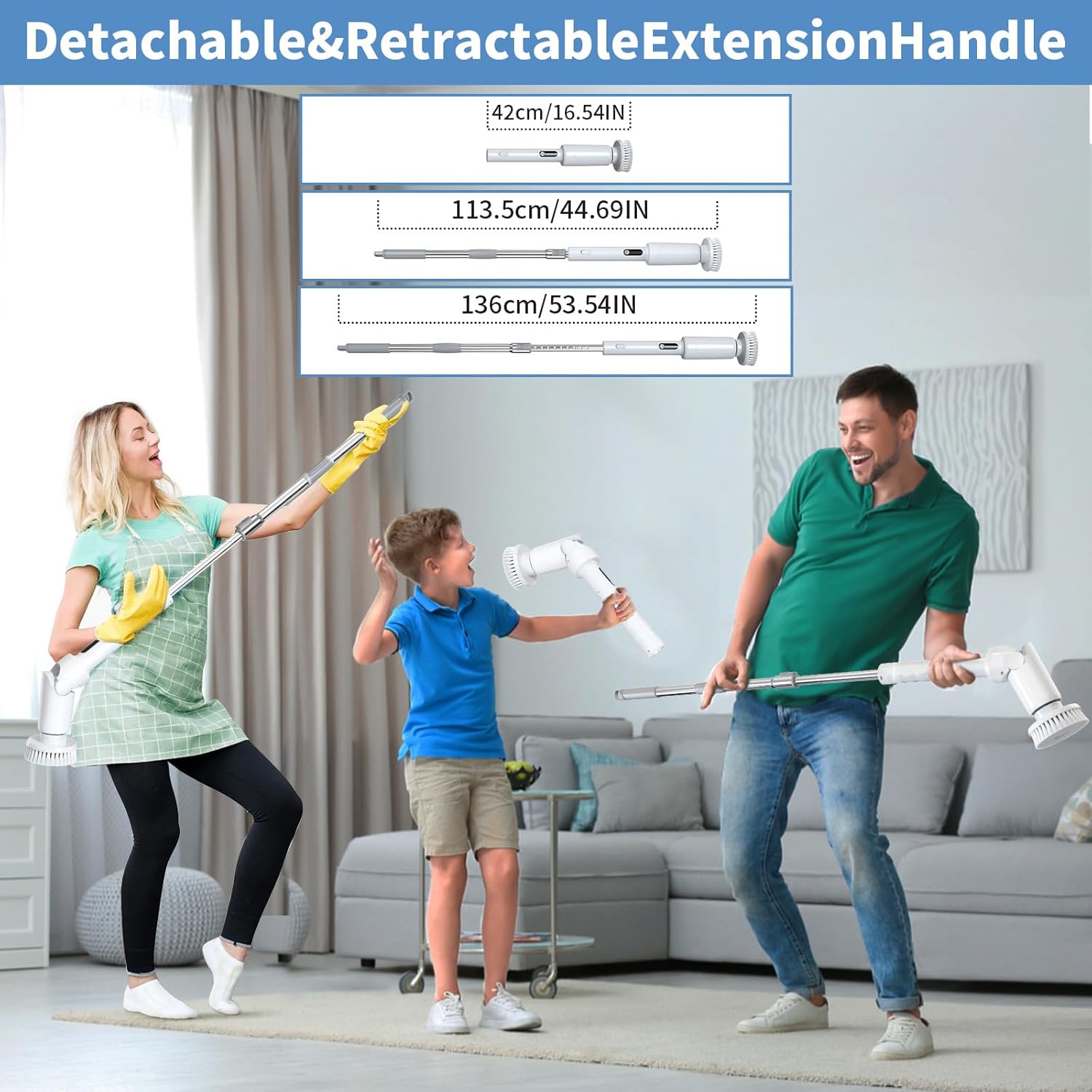 Electric Spin Scrubber - Cordless Cleaning Brush with Digital Display, 2 Speeds, 8 Brush Heads, IPX7 Waterproof, Adjustable Long Handle for Bathroom, Tub, Tile, Shower, and Car（Grey）