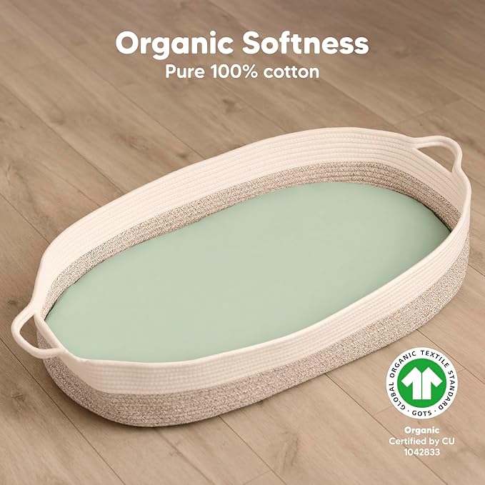 2-Pack Organic Bassinet Sheets for Girls, Boys - 100% Cotton Bassinet Mattress Sheets Compatible with Halo Bassinest Swivel Sleeper, Graco, Baby Delight, Chicco, Unisex Fitted Bassinet Sheets (Sage)