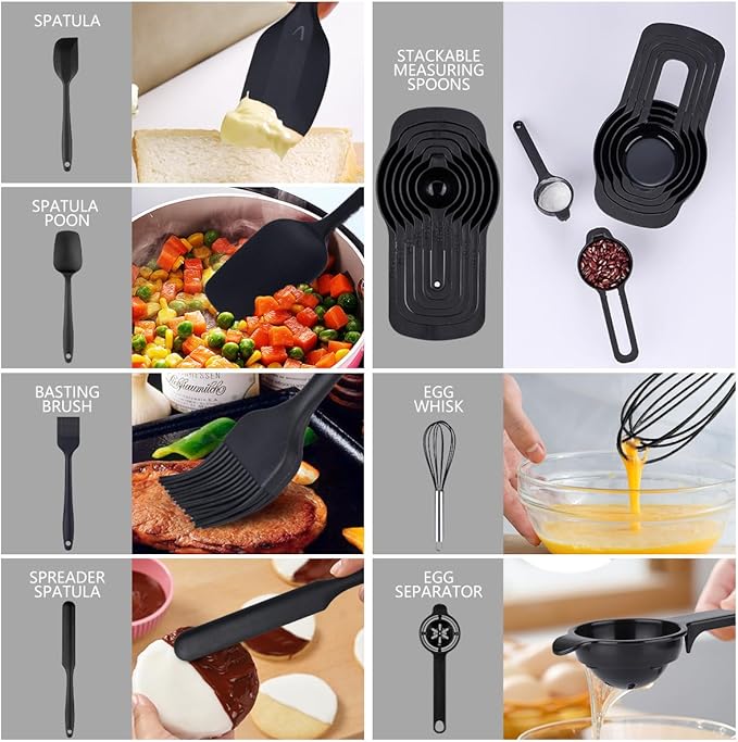 Mixing Bowls with Lids set - 26 PCS Stainless Steel Nesting Black Mixing Bowls Set for Baking, Mixing, Serving & Prepping, Size 5, 3.7, 2.8, 2.3, 1.7, 1.1, 0.7QT, 12 Cooking Utensils