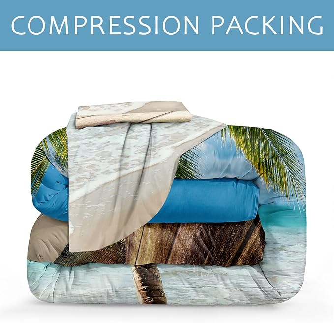 Bedbay Beach Comforter Set California King Ocean Themed Bedding Comforter Tropical Palm Tree Sunny Beach Coastal Bedding Set 4 Pieces for All Season(104" Wx96 L)