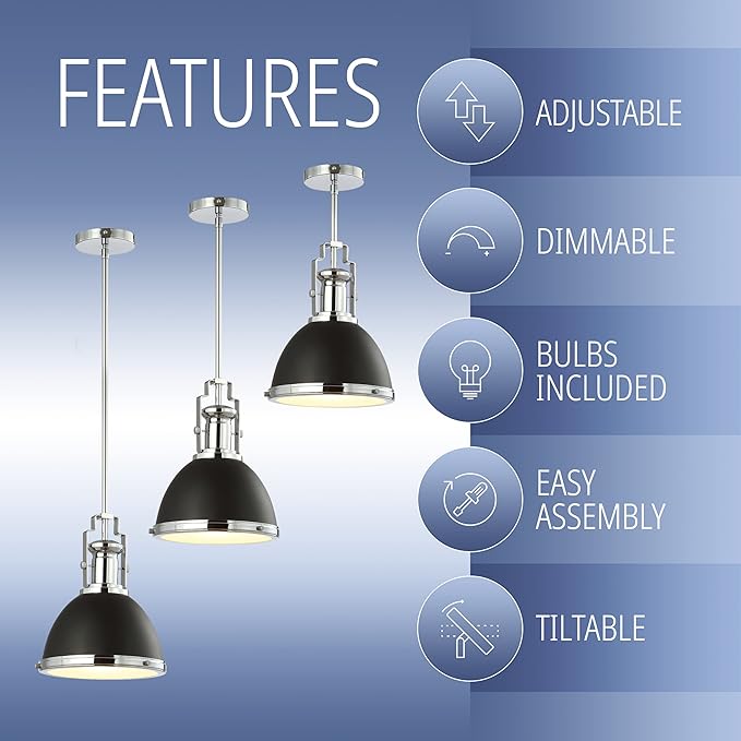 JONATHAN Y JYL9535B Homer 10" Iron/Glass Adjustable Vintage LED Kitchen Pendant for Living Room Bedroom, Bohemian Classic, Black/Chrome