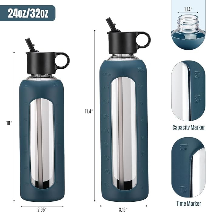 32oz Glass Water Bottle With 2 Lids-Flip Straw Lid, Bamboo Lid, Glass Water Bottle With Silicone Sleeve, Motivational Time Marker, Glass Juice Bottle for Cold Drink,Navy Blue