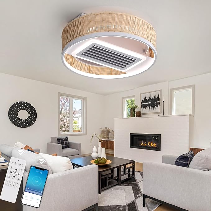 19.7''Mondern LED Bladeless Ceiling Fan, Smart Low Profile Ceiling Fan with Light, Rattan Boho Flush Mount Ceiling Fan, Dimmable Bedroom Ceiling Lights with Reversible Fans (Wood)