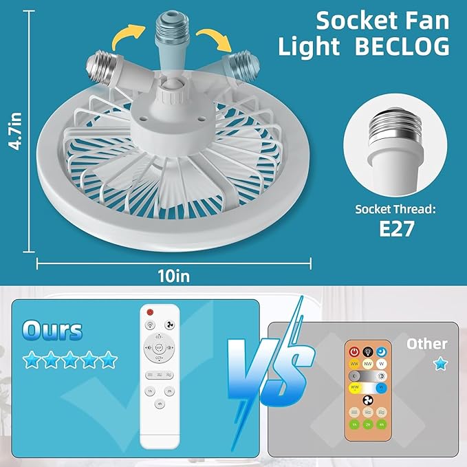 Socket Ceiling Fan with Light, Remote Control LED Small Ceiling Fan Screw in Light Bulb, Plug into Ceiling Mini Remote Ventilador for Living Room & Bedroom & Kitchen & Bathroom (White)