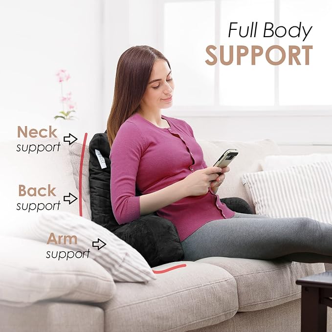 Nestl Reading Pillow Standard Bed Pillow, Back Pillow for Sitting in Bed Shredded Memory Foam Chair Pillow, Reading & Bed Rest Pillows Black Back Pillow for Bed, Bed Chair Arm Pillow with Pockets