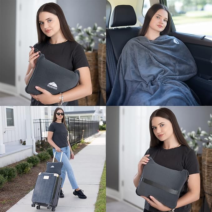 BlueHills Premium Soft Long Travel Blanket Pillow for Tall Airplane Flight Blanket Throw in Soft Bag case with Hand Luggage Belt & Backpack Clip Compact Pack Large Blanket Grey Gray T052