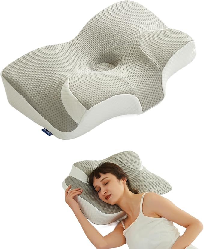 Cervical Neck Pillow for Pain Relief, Contour Memory Foam Pillows for Sleeping, Ergonomic Neck Support Pillow, Suitable for Side Back Stomach Sleepers with Cooling Pillowcase, Grey