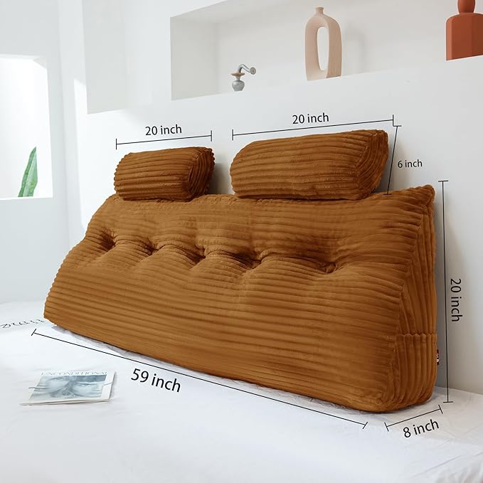 Headboard Wedge Pillow with 2 Pack Neck Roll Pillow Large Headboard Pillow Soft and Supportive Bed Rest Reading Pillows for Sitting in Bed with Removable Cover (Brown, Queen:59x8x20 Inches)