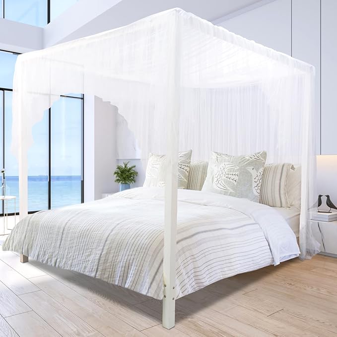 South to East White Canopy Bed Curtains, 4 Corner Post Bed Canopy, Top Elegant Bed Drapes for Bedroom Decor, 75D Polyester Mesh, Easy Install, Bed Curtain for King/Queen/Full Size