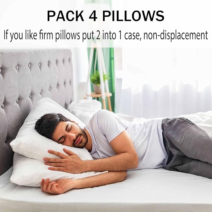Medium Support Bed Pillows Queen Size Set of 4 Pack for Sleeping 20"x30", Hypoallergenic Skin Friendly Down Alternative Filling for Side Stomach Back Sleeper Machine Washable