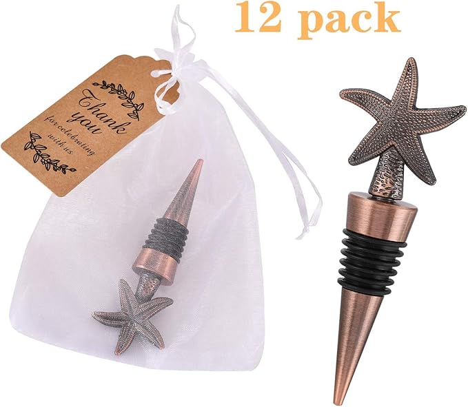 12PCS Valentine's Day Wedding Favors for Guests,Zinc Alloy Decorative Starfish Wine and Beverage Bottle Stoppers Caps Reusable Plug Keep Wine Fresh (12,Bronze Starfish)