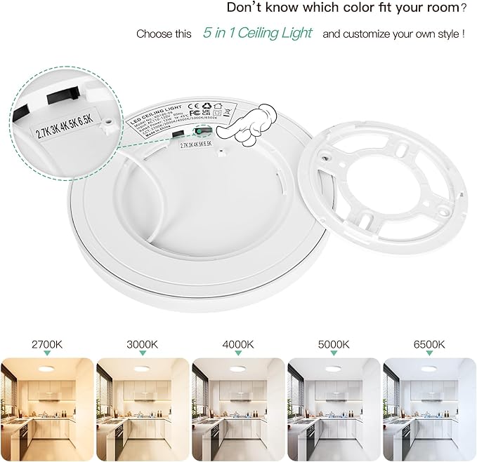 Brightever 7 Inch Flush Mount Ceiling Light, 12W 1200LM LED Ceiling Light Fixtures, 2700K/3000K/4000K/5000K/6500K Color Selectable, 0.67 Inch Ultra Thin Flat Ceiling Lights for Bedroom Kitchen Pantry