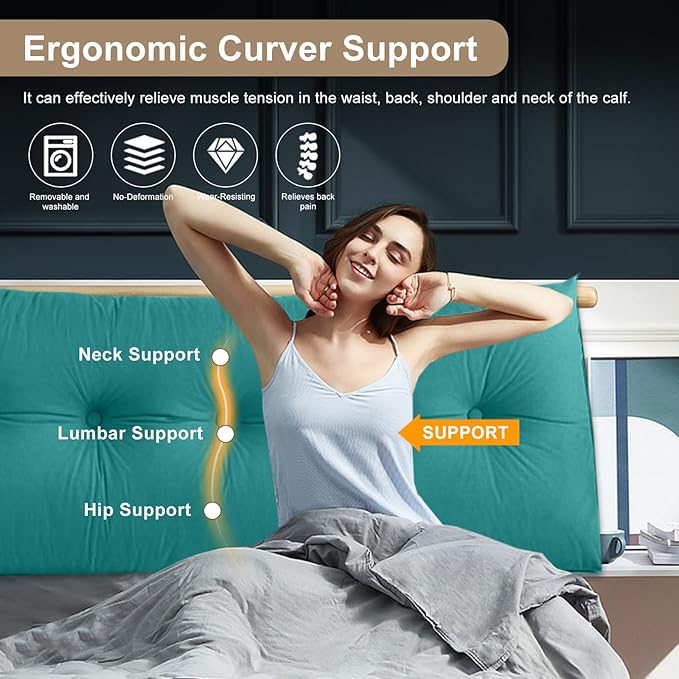 Large Triangular Headboard Pillows Long Backrest Positioning Support Bolster Cushion for Daybed Fluffy Quality Plush Body Wedge Pillow with Removable Cover(Light blue-Queen-59x8x20in)