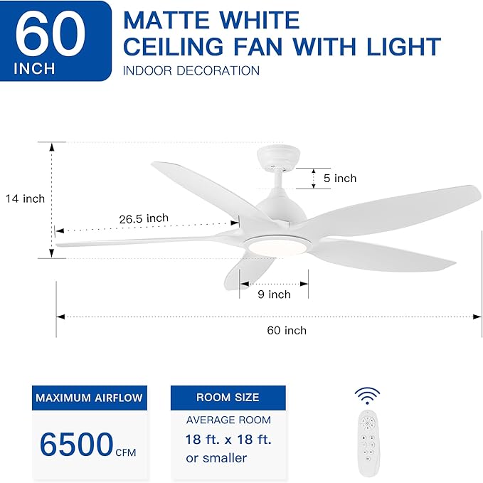 NicBex Ceiling Fan 60 Inch Modern Ceiling Fans with Integrated LED Light and Remote Control Double Finish Ceiling Fan with 5 ABS Blades for Living Room, Bedroom, White