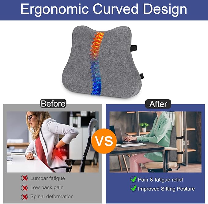 HOMBYS Ergonomic Lumbar Support Pillow for Recliner Chair, Memory Foam Back Support Cushion for Elderly,Back Support Pillow with Dual Extension Straps,Extra Large Lumbar Support Pillow