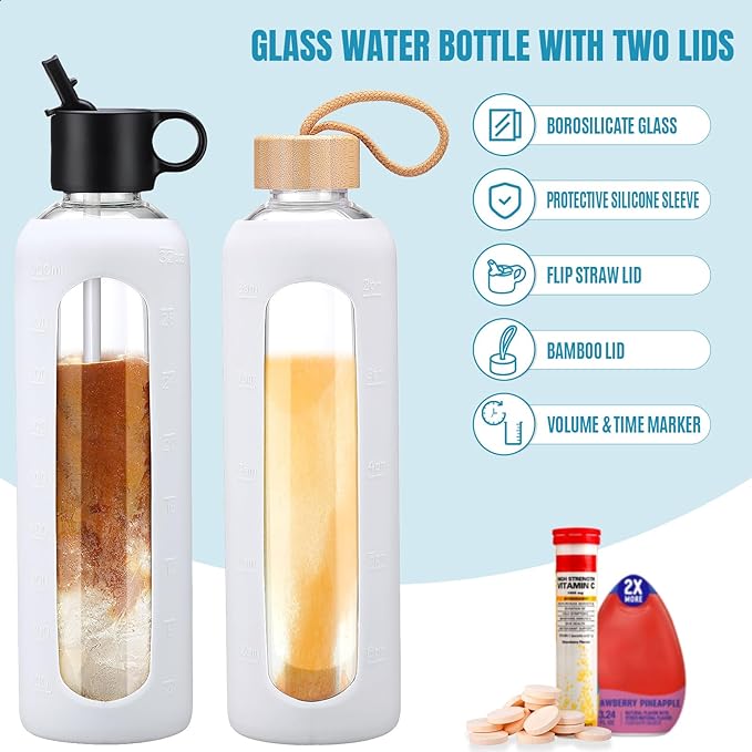 32oz Glass Water Bottle With 2 Lids-Flip Straw Lid, Bamboo Lid, Glass Water Bottle With Silicone Sleeve, Motivational Time Marker, Glass Juice Bottle for Cold Drink,White