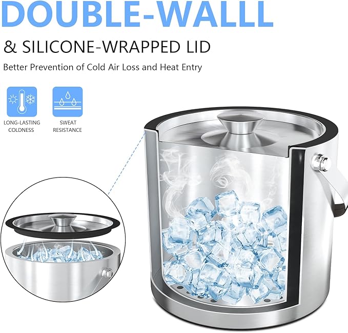 3L Double Wall Ice Bucket for Parties with Silicone Lid, Tongs & Strainer, Bar Insulated Ice Buckets [Silicone Lid for Longer Ice] Cocktail Wine Bucket Champagne Chiller Brown Accent Handle